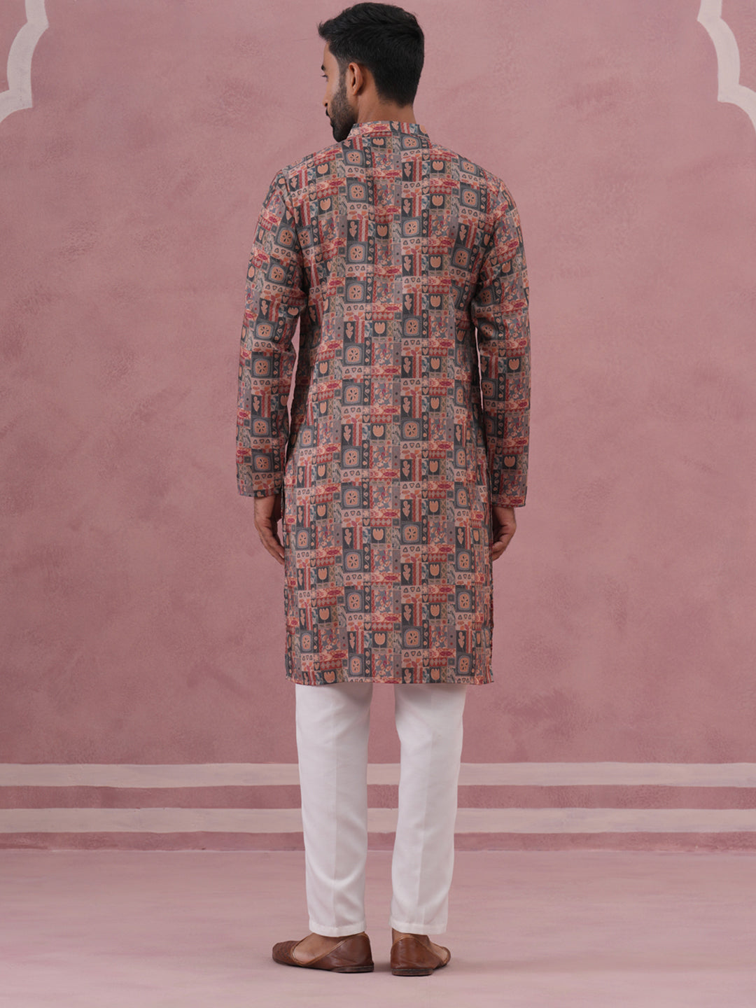 DesiQlo Men Printed Kurta Pyjama Set - Grey - 65KP_P_5384Grey_S