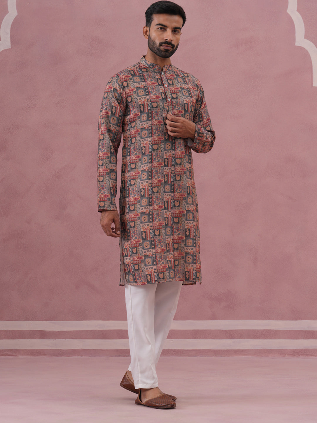 DesiQlo Men Printed Kurta Pyjama Set - Grey - 65KP_P_5384Grey_S