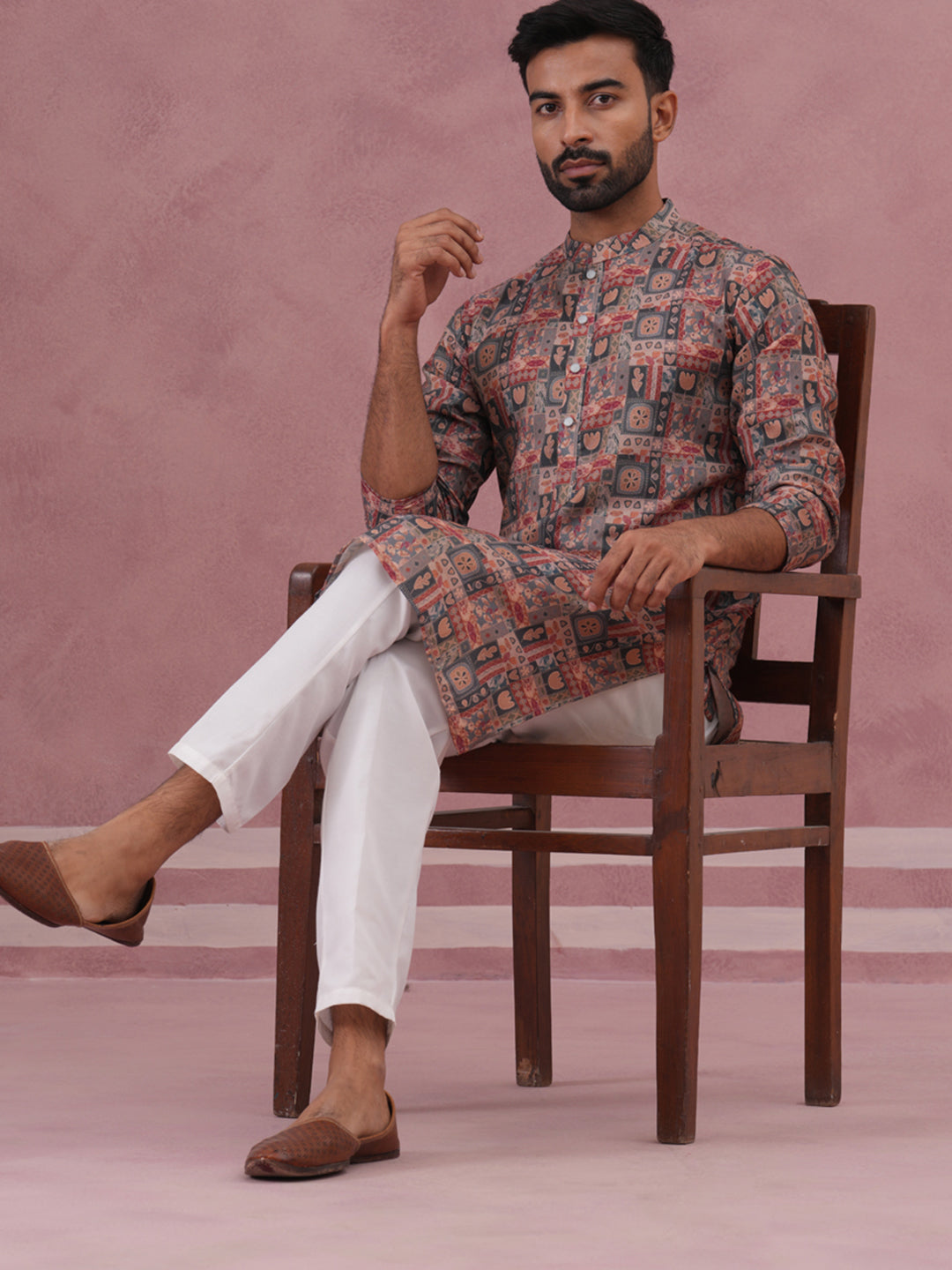 DesiQlo Men Printed Kurta Pyjama Set - Grey - 65KP_P_5384Grey_S