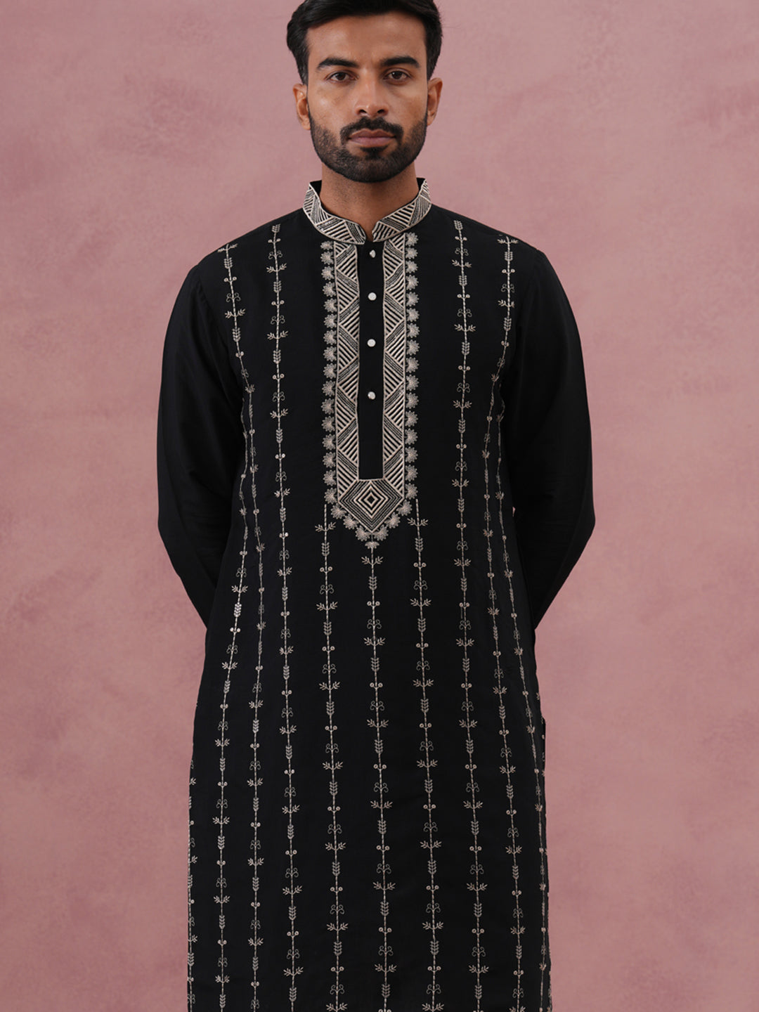 DesiQlo Men Embroidered Kurta Pyjama Set - Black - 65KP_P_5385Black_S