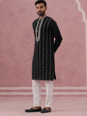 Black Silk Blend Kurta Set with Off White Geometric Embroidery (65KP P 5385 Black ) [FF] [A-1-4]