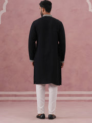 Black Silk Blend Kurta Set with Off White Geometric Embroidery (65KP P 5385 Black ) [FF] [A-1-4]