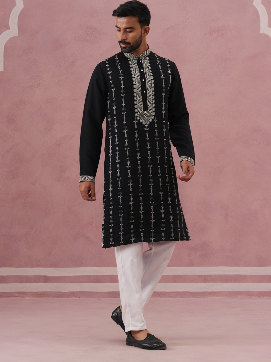 DesiQlo Men Embroidered Kurta Pyjama Set - Black - 65KP_P_5385Black_S