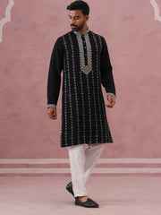 Black Silk Blend Kurta Set with Off White Geometric Embroidery (65KP P 5385 Black ) [FF] [A-1-4]
