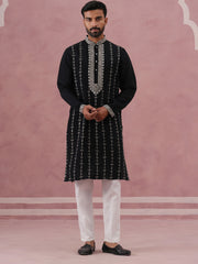 Black Silk Blend Kurta Set with Off White Geometric Embroidery (65KP P 5385 Black ) [FF] [A-1-4]