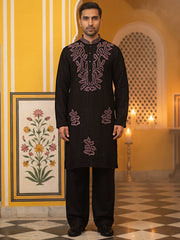 Black Silk Blend Embroidered Kurta With Korean Pants ( 65KP PJ11B 5386Black )