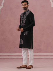 Black Silk Blend Embroidered Kurta Pyjama Set (65KP P 5386 Black ) [FF] [A-1-4]