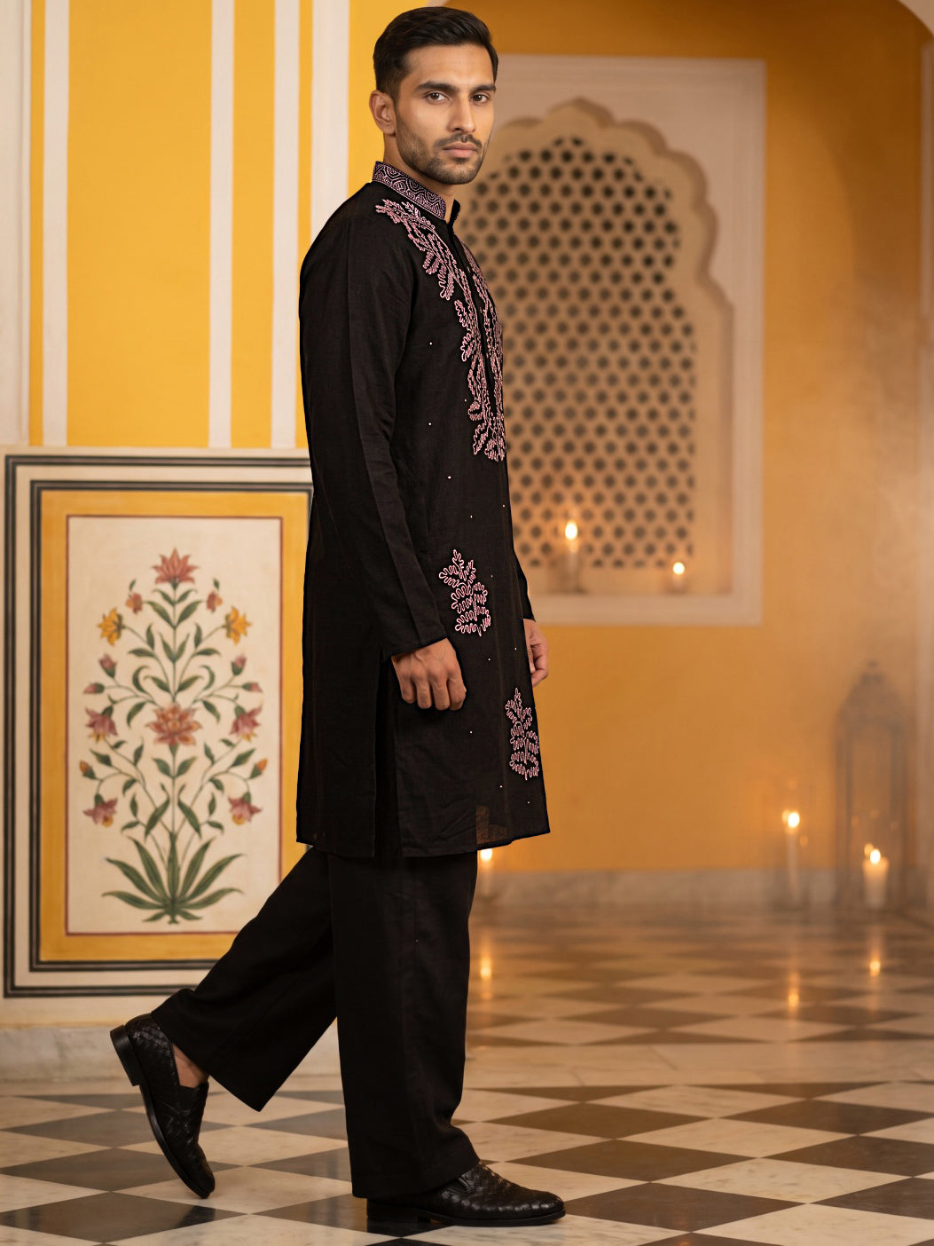DesiQlo Men Embroidered Kurta Pyjama Set - Black