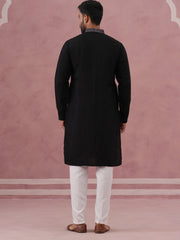Black Silk Blend Embroidered Kurta Pyjama Set (65KP P 5386 Black ) [FF] [A-1-4]