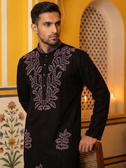 Black Silk Blend Embroidered Kurta With Korean Pants ( 65KP PJ11B 5386Black )
