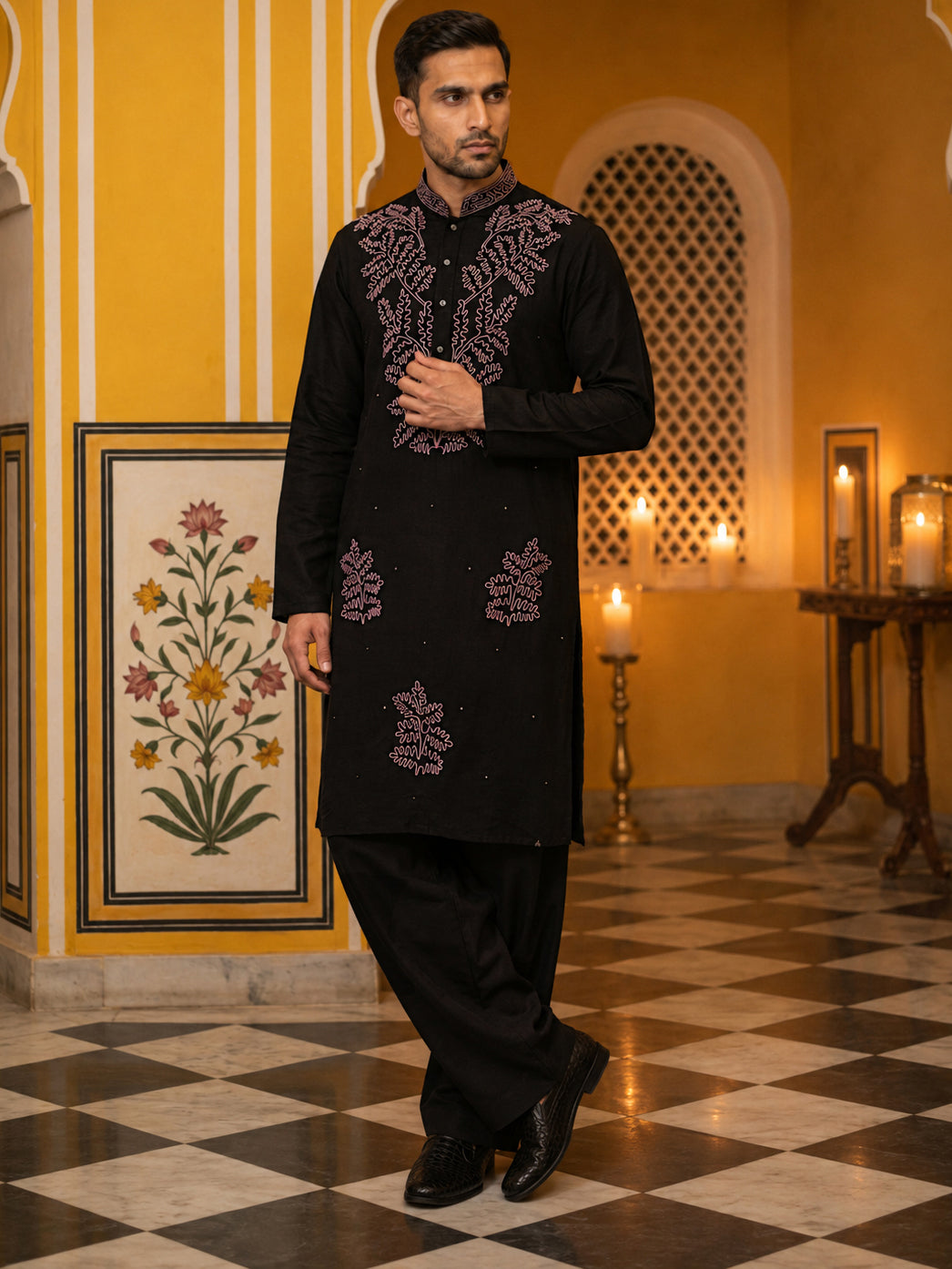 DesiQlo Men Embroidered Kurta Pyjama Set - Black