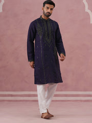 Navy Blue Silk Blend Embroidered Kurta Pyjama Set ( 65KP P 5387 P 5387Navy ) [FF] [J-1]
