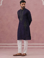 Navy Blue Silk Blend Embroidered Kurta Pyjama Set ( 65KP P 5387 P 5387Navy ) [FF] [J-1]