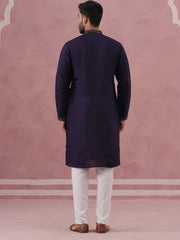 Navy Blue Silk Blend Embroidered Kurta Pyjama Set ( 65KP P 5387 P 5387Navy ) [FF] [J-1]