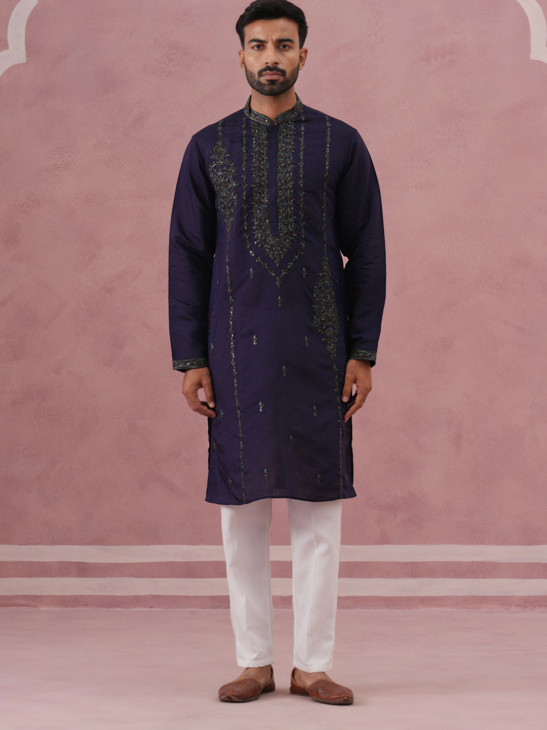 DesiQlo Men Embroidered Kurta Pyjama Set - Blue - 65KP_P_5387Navy_S