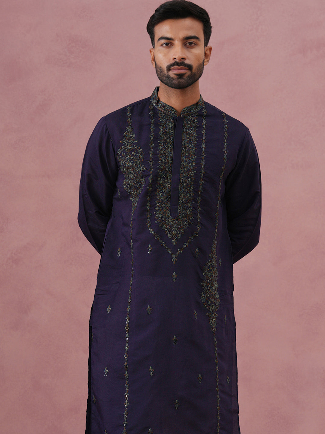 DesiQlo Men Embroidered Kurta Pyjama Set - Blue - 65KP_P_5387Navy_S