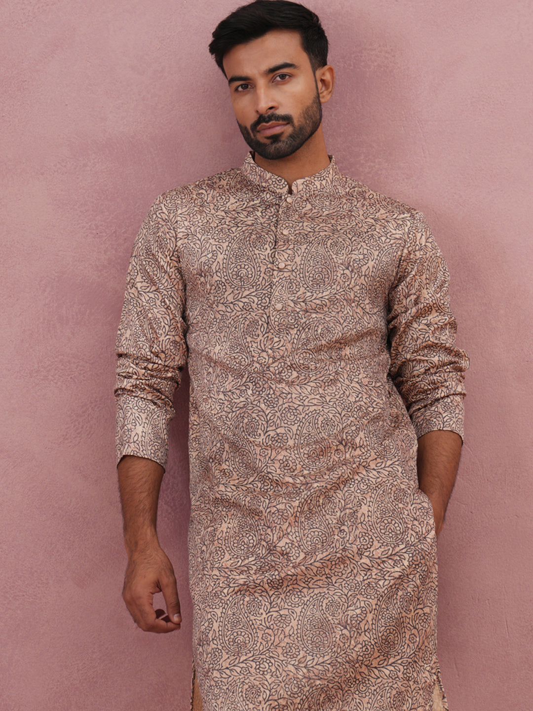 DesiQlo Men Printed Kurta Pyjama Set - Beige - 65KP_P_5390Beige_S