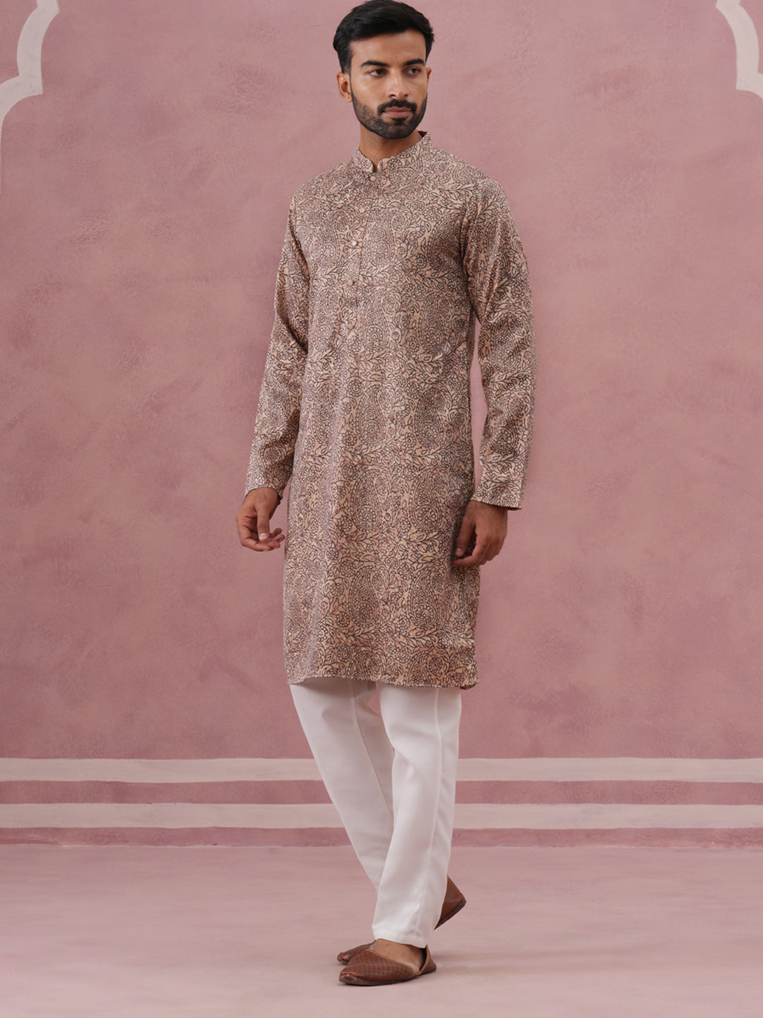 DesiQlo Men Printed Kurta Pyjama Set - Beige - 65KP_P_5390Beige_S