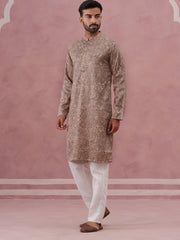 Men’s Thread Work & Printed Kurta Pyjama Set (65KP P 5390 Beige ) [FF] [A-1-4]