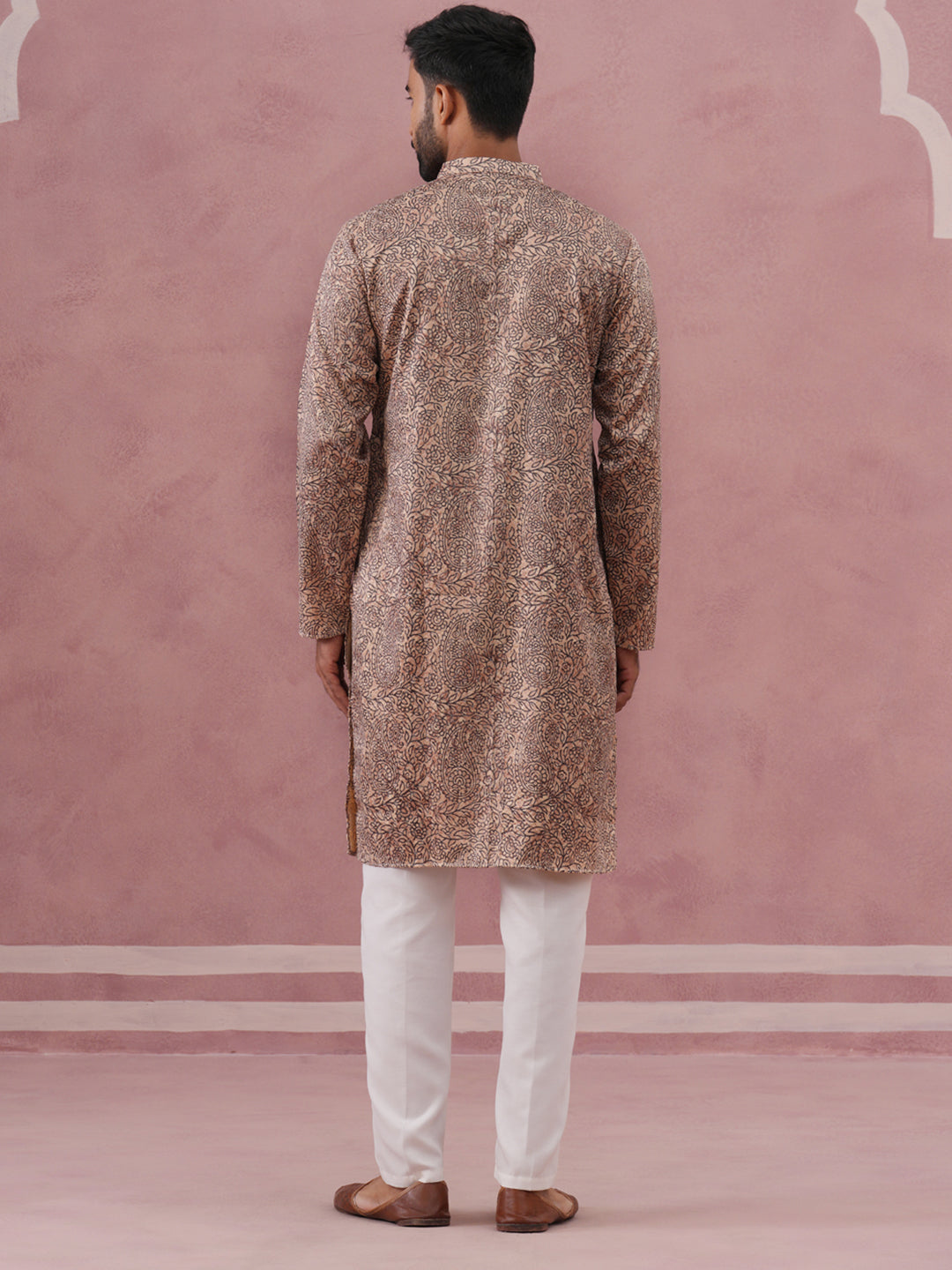 DesiQlo Men Printed Kurta Pyjama Set - Beige - 65KP_P_5390Beige_S