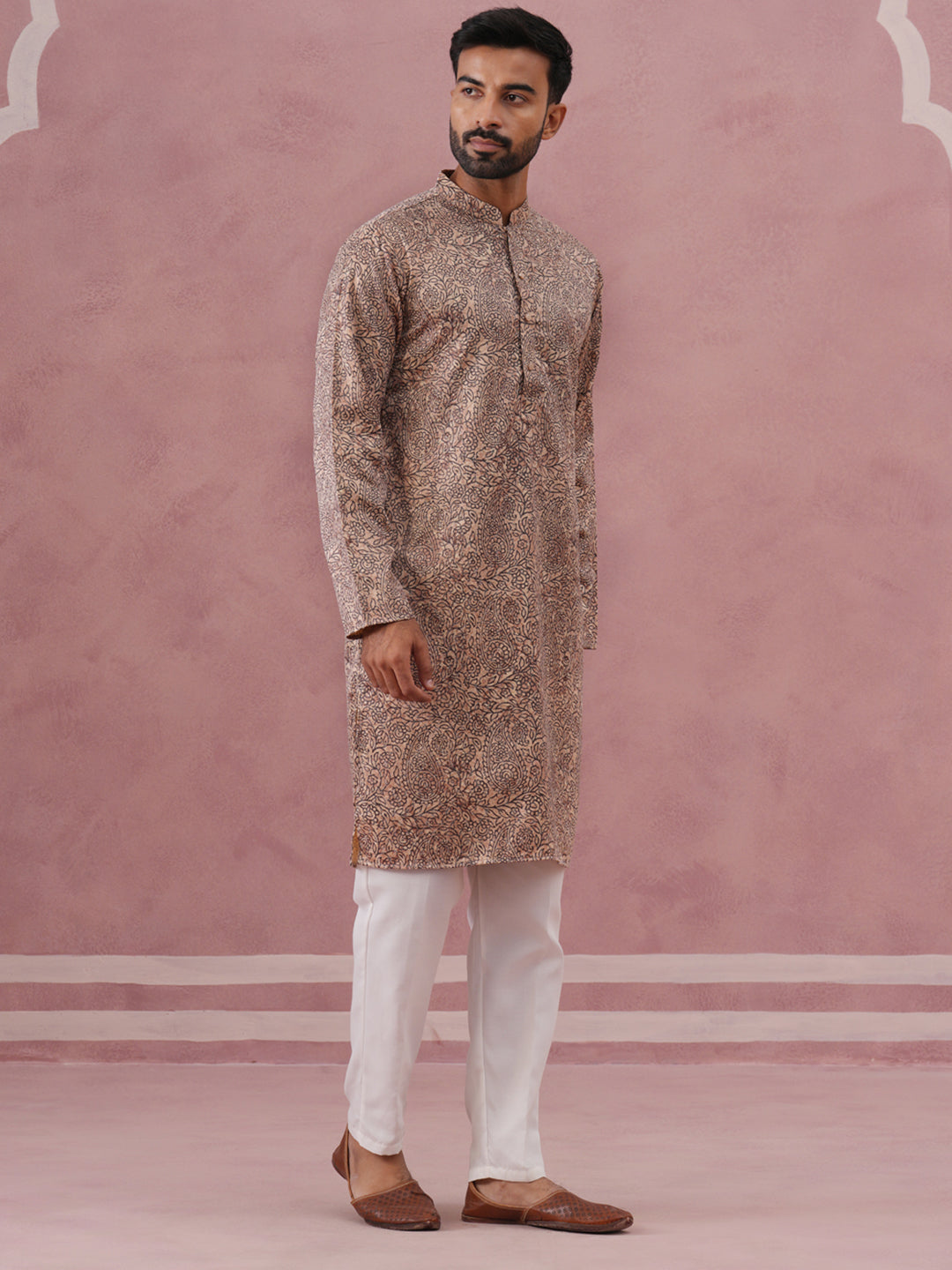 DesiQlo Men Printed Kurta Pyjama Set - Beige - 65KP_P_5390Beige_S