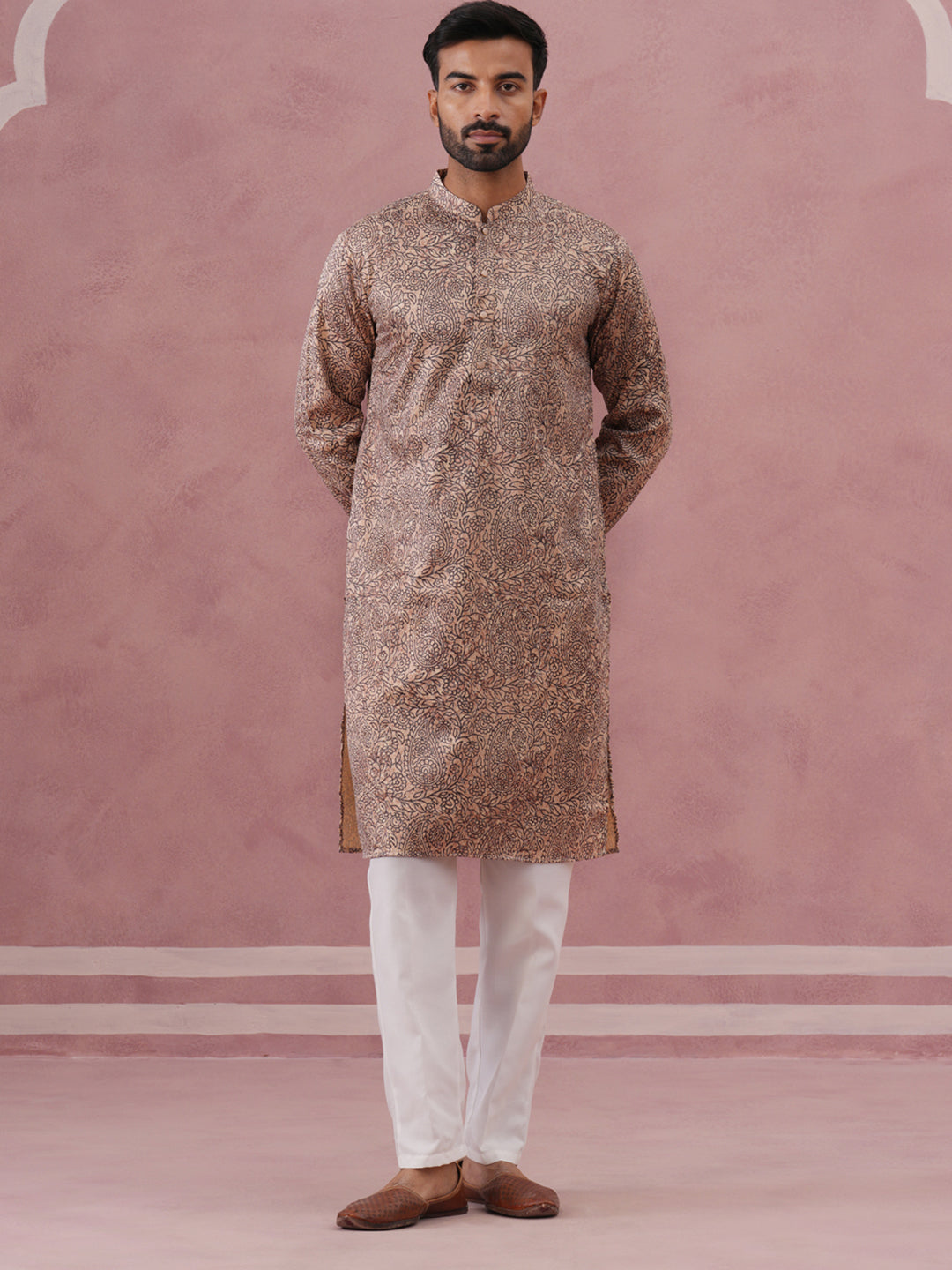 DesiQlo Men Printed Kurta Pyjama Set - Beige - 65KP_P_5390Beige_S
