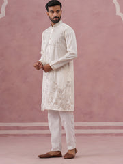 Men’s Silk Blend Embroidered Kurta Pyjama Set (65KP P 5391 White ) [FF] [B-1-1-2]