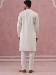 Men’s Silk Blend Embroidered Kurta Pyjama Set (65KP P 5391 White ) [FF] [B-1-1-2]