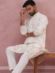 Men’s Silk Blend Embroidered Kurta Pyjama Set (65KP P 5391 White ) [FF] [B-1-1-2]