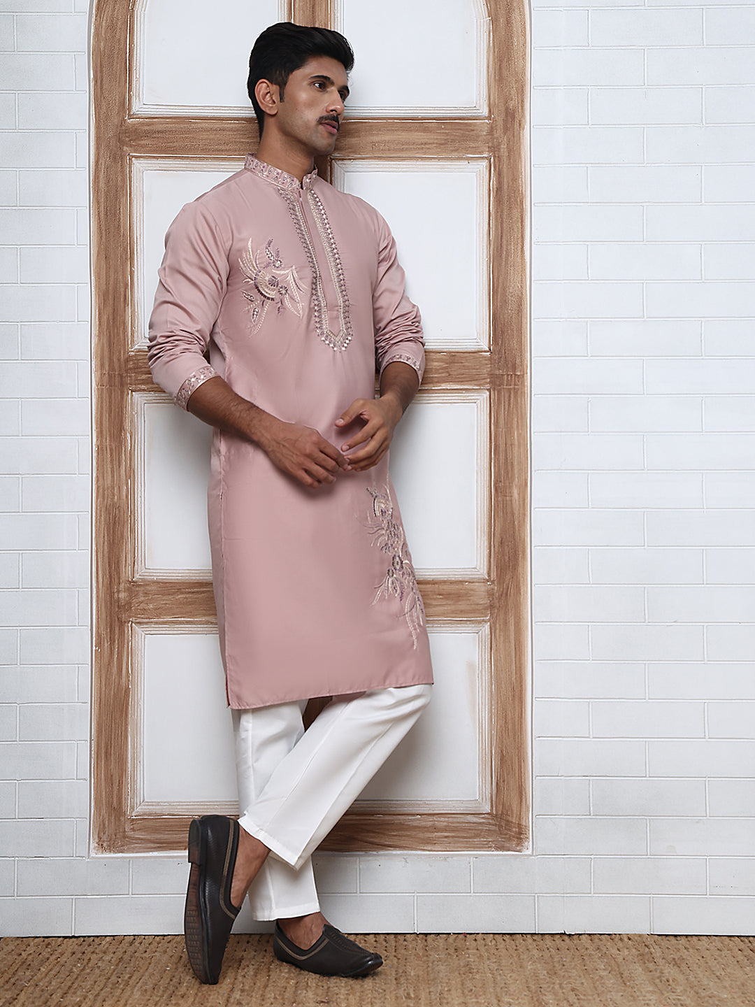 DesiQlo Men Embroidered Kurta Pyjama Set - Orange - 65KP_P_5392Peach_S
