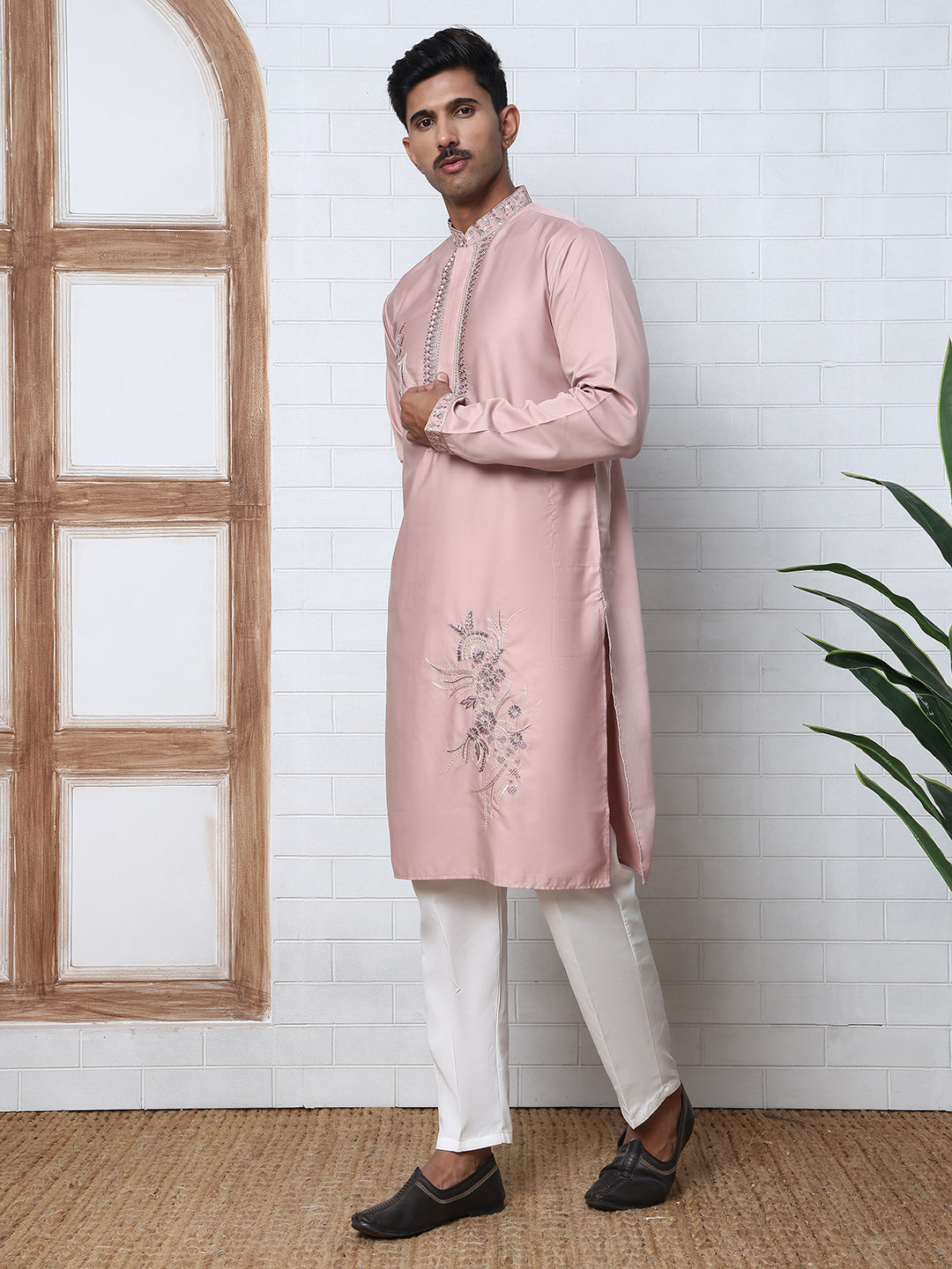 DesiQlo Men Embroidered Kurta Pyjama Set - Orange - 65KP_P_5392Peach_S