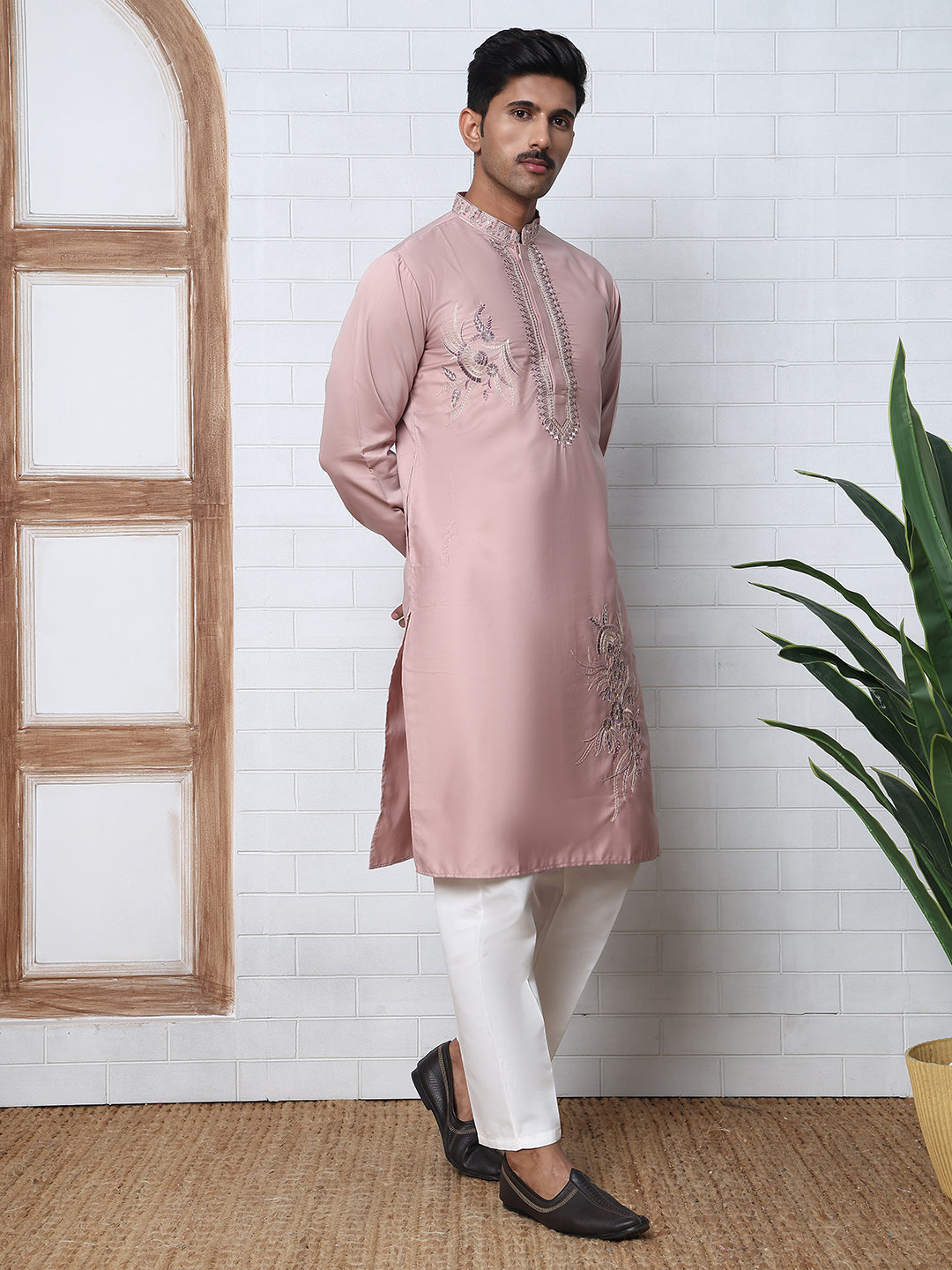DesiQlo Men Embroidered Kurta Pyjama Set - Orange - 65KP_P_5392Peach_S