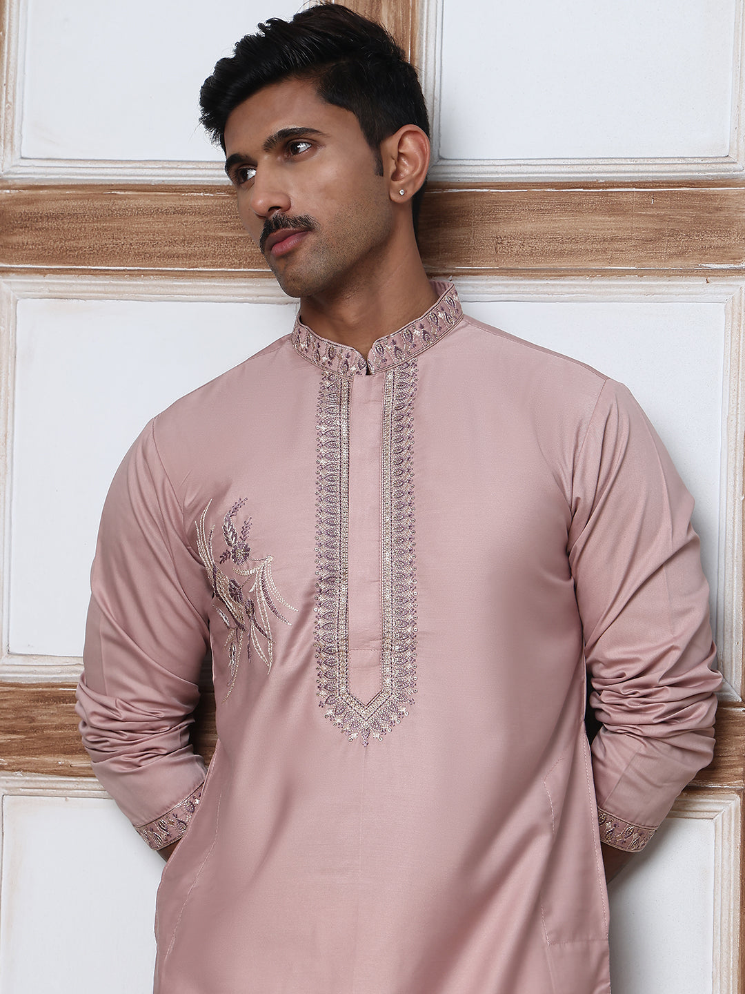 DesiQlo Men Embroidered Kurta Pyjama Set - Orange - 65KP_P_5392Peach_S