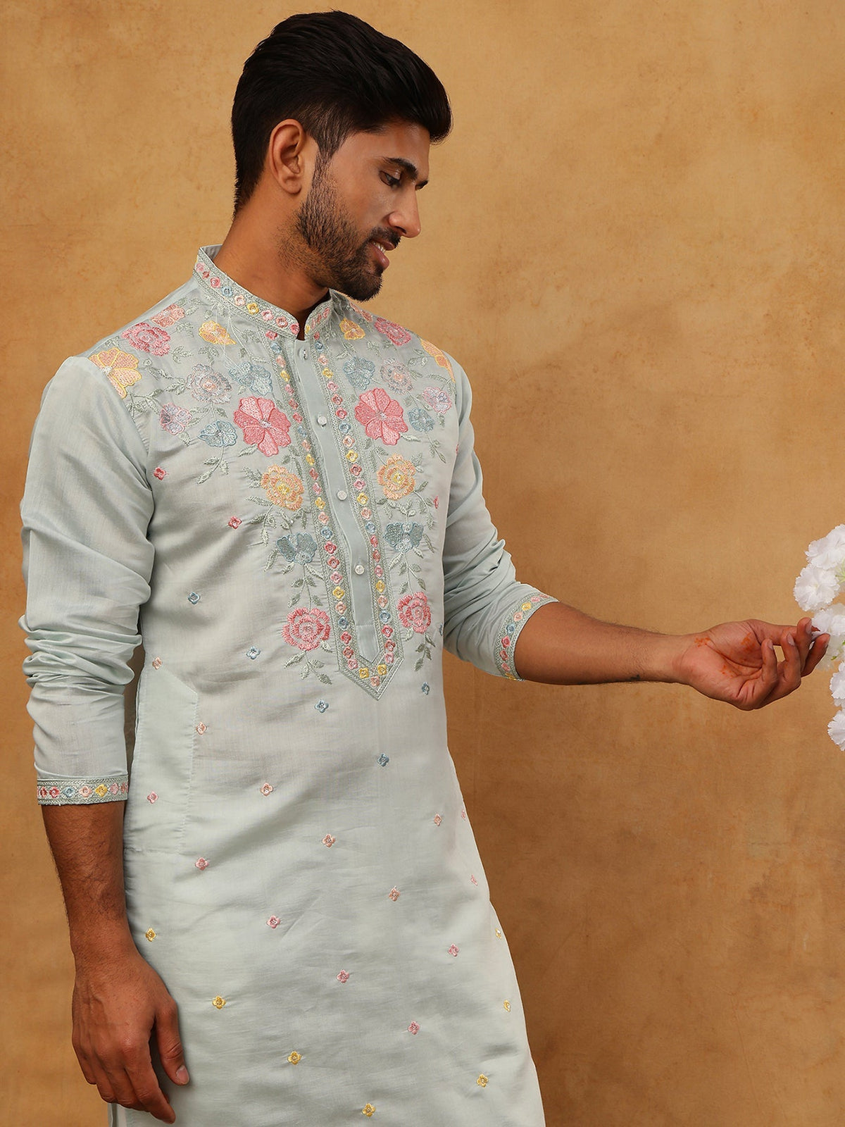 Silk Blend Embroidered Kurta Pyjama (65KP 5400 Blue ) [FF] [B-1-2]