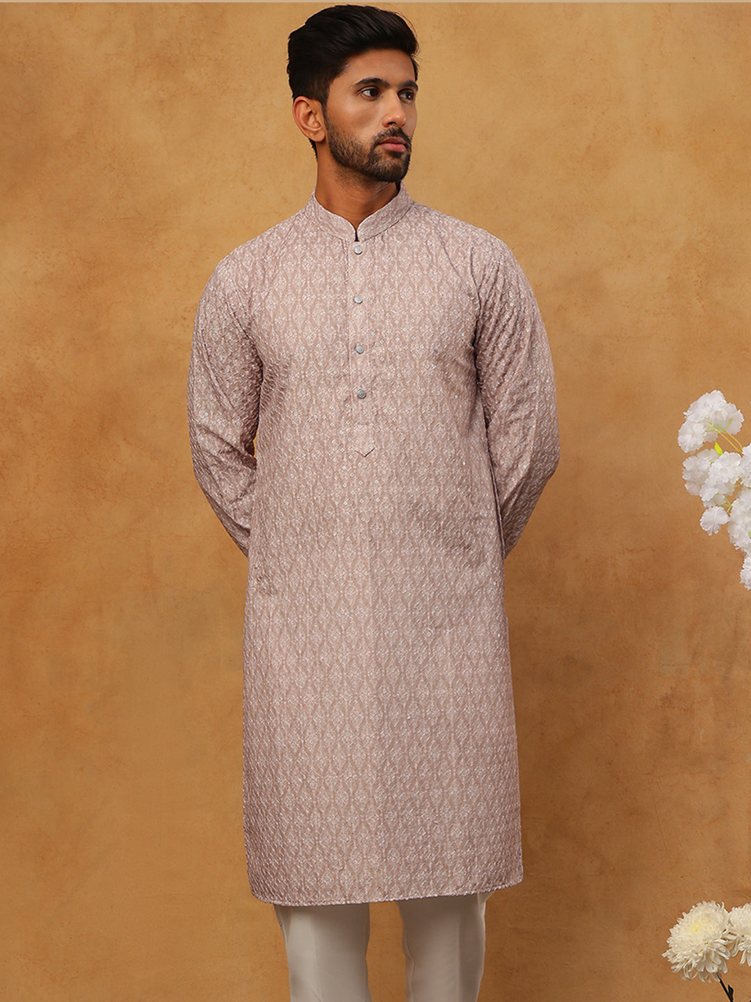 DesiQlo Men Floral Kurta Pyjama Set - Beige