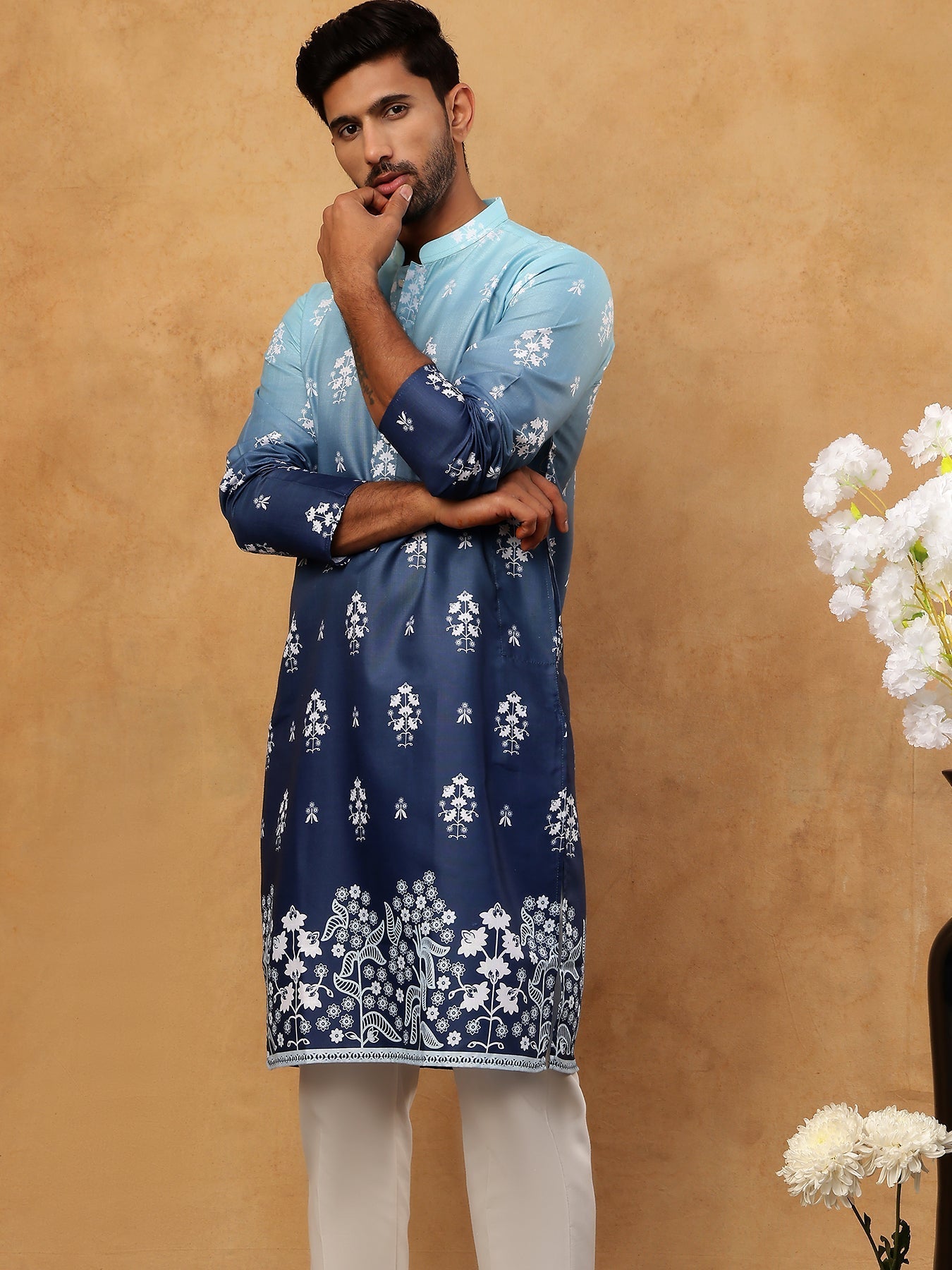 DesiQlo Men Floral Kurta Pyjama Set - Blue - 65KP_5405Blue_S