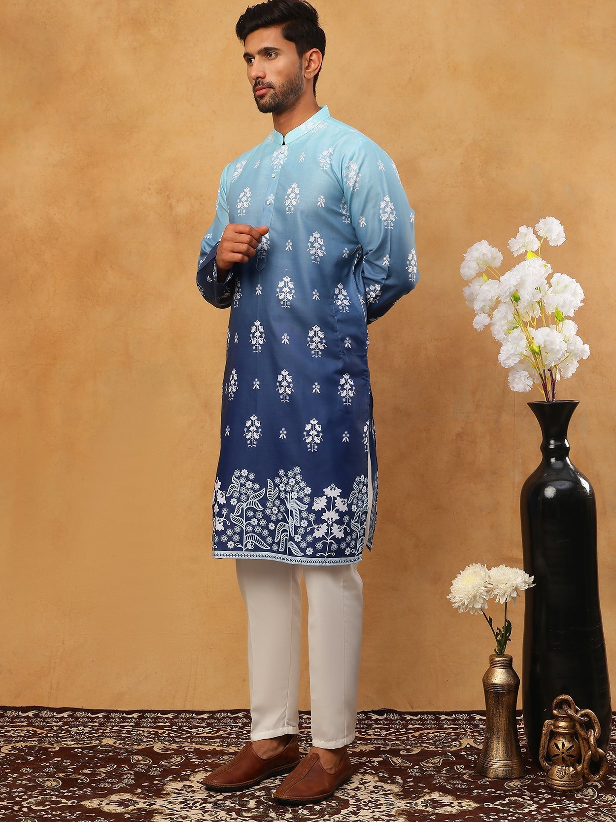 DesiQlo Men Floral Kurta Pyjama Set - Blue - 65KP_5405Blue_S