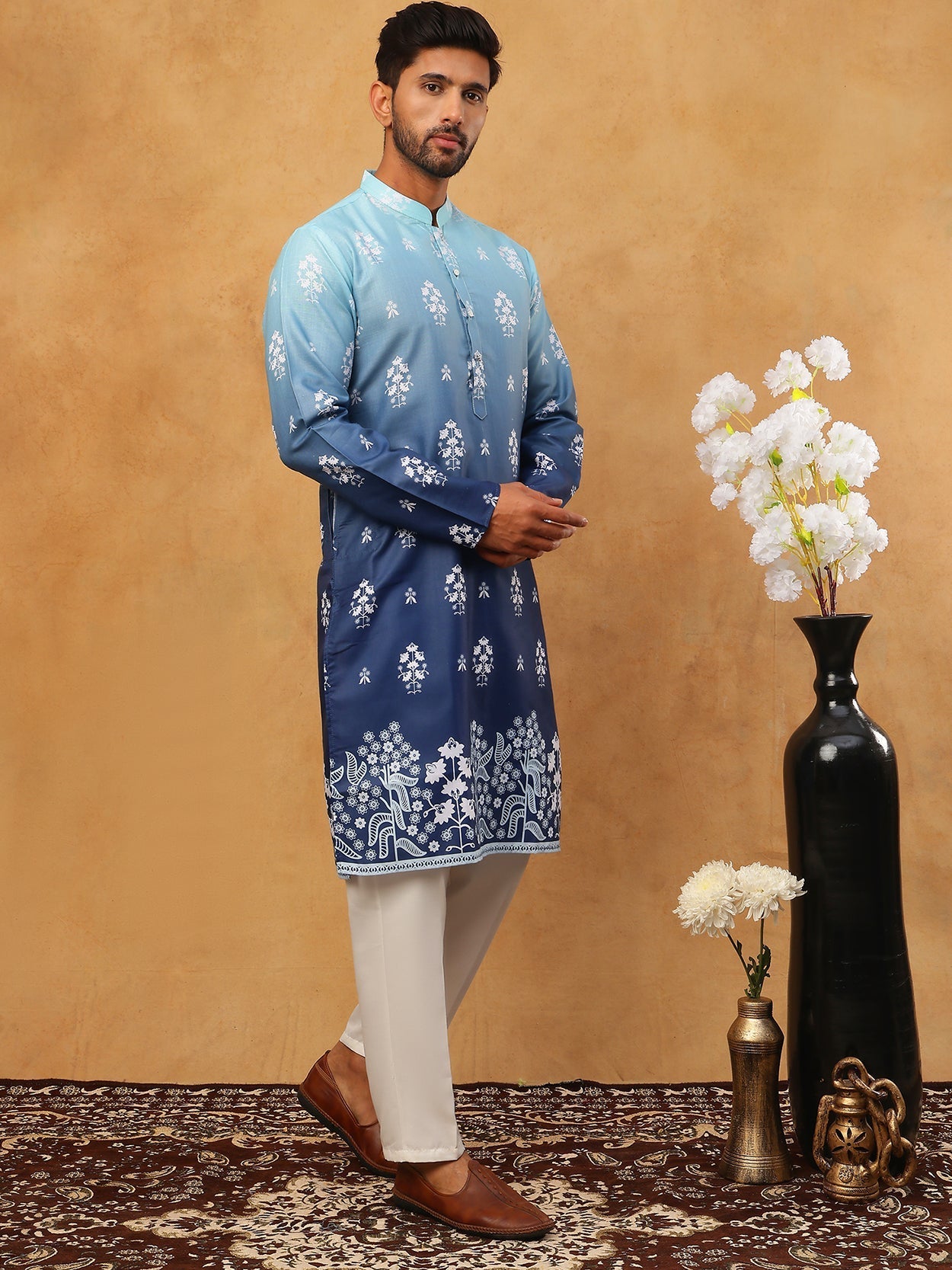 DesiQlo Men Floral Kurta Pyjama Set - Blue - 65KP_5405Blue_S