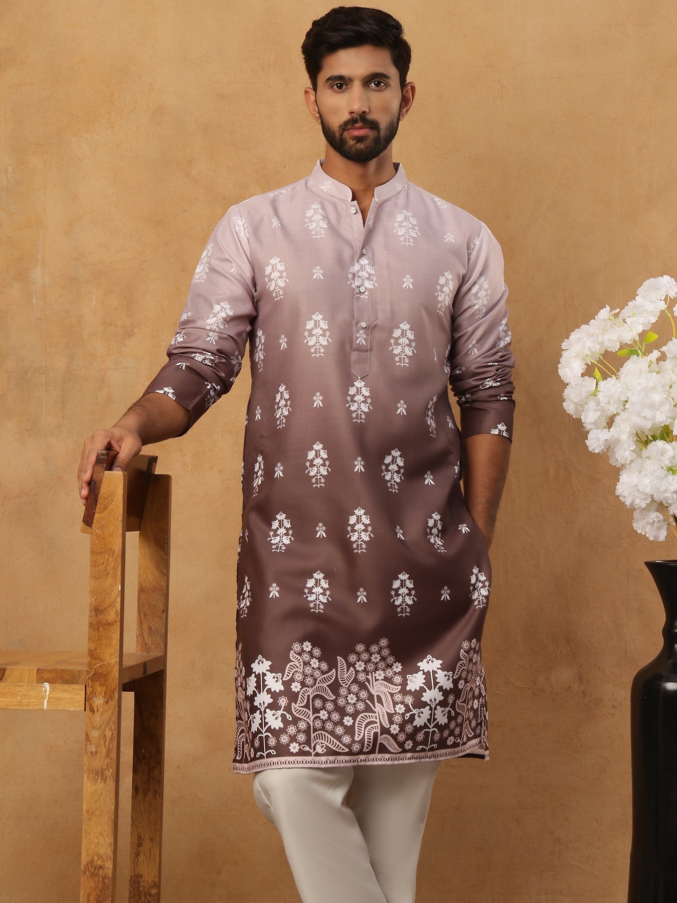 DesiQlo Men Floral Kurta Pyjama Set - Grey - 65KP_5405Grey_S
