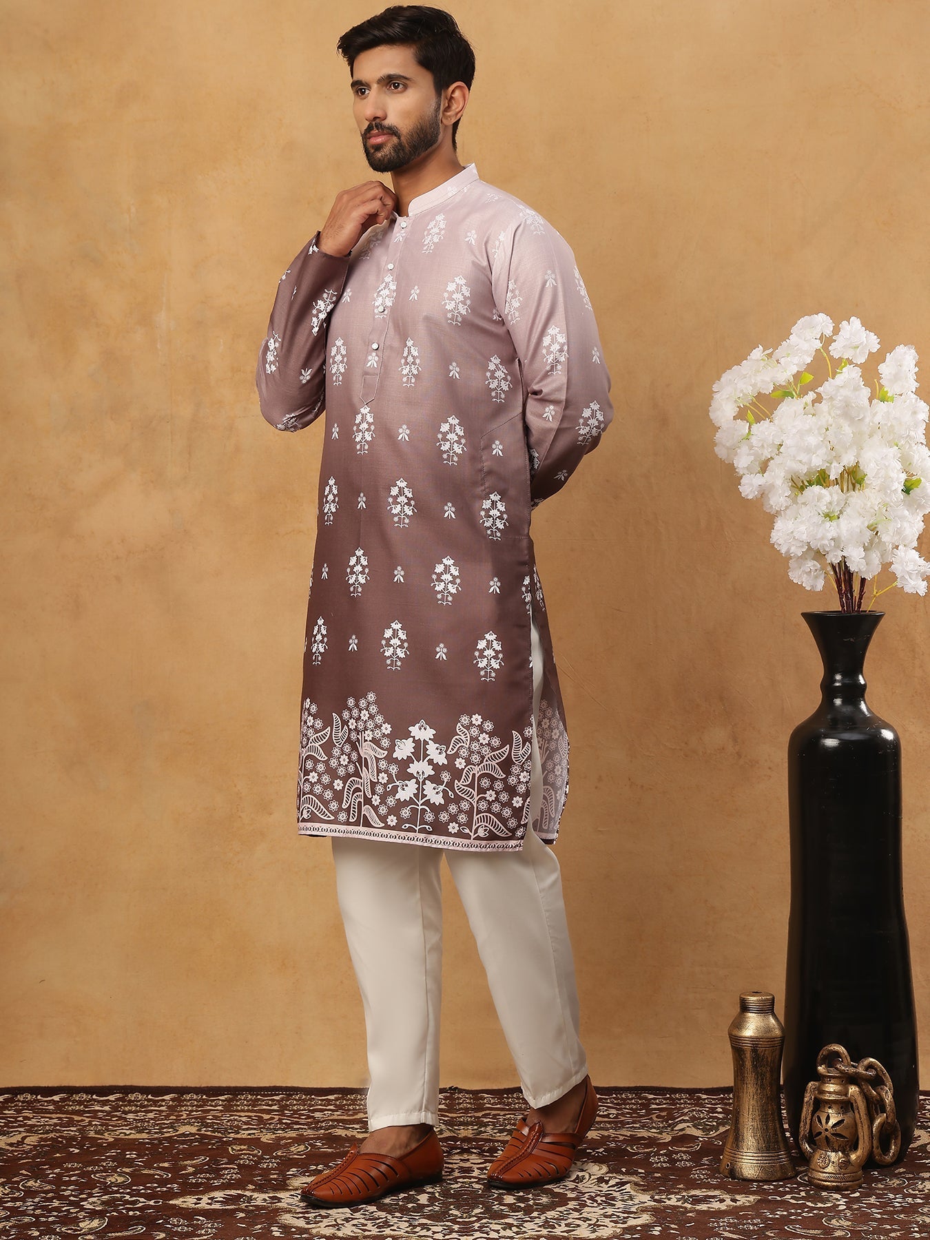 DesiQlo Men Floral Kurta Pyjama Set - Grey - 65KP_5405Grey_S