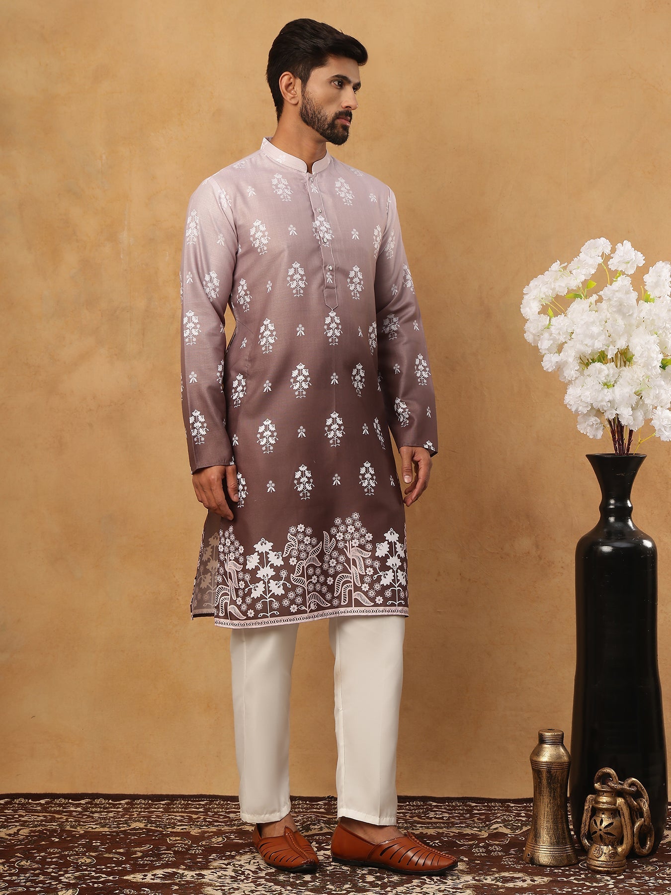 DesiQlo Men Floral Kurta Pyjama Set - Grey - 65KP_5405Grey_S