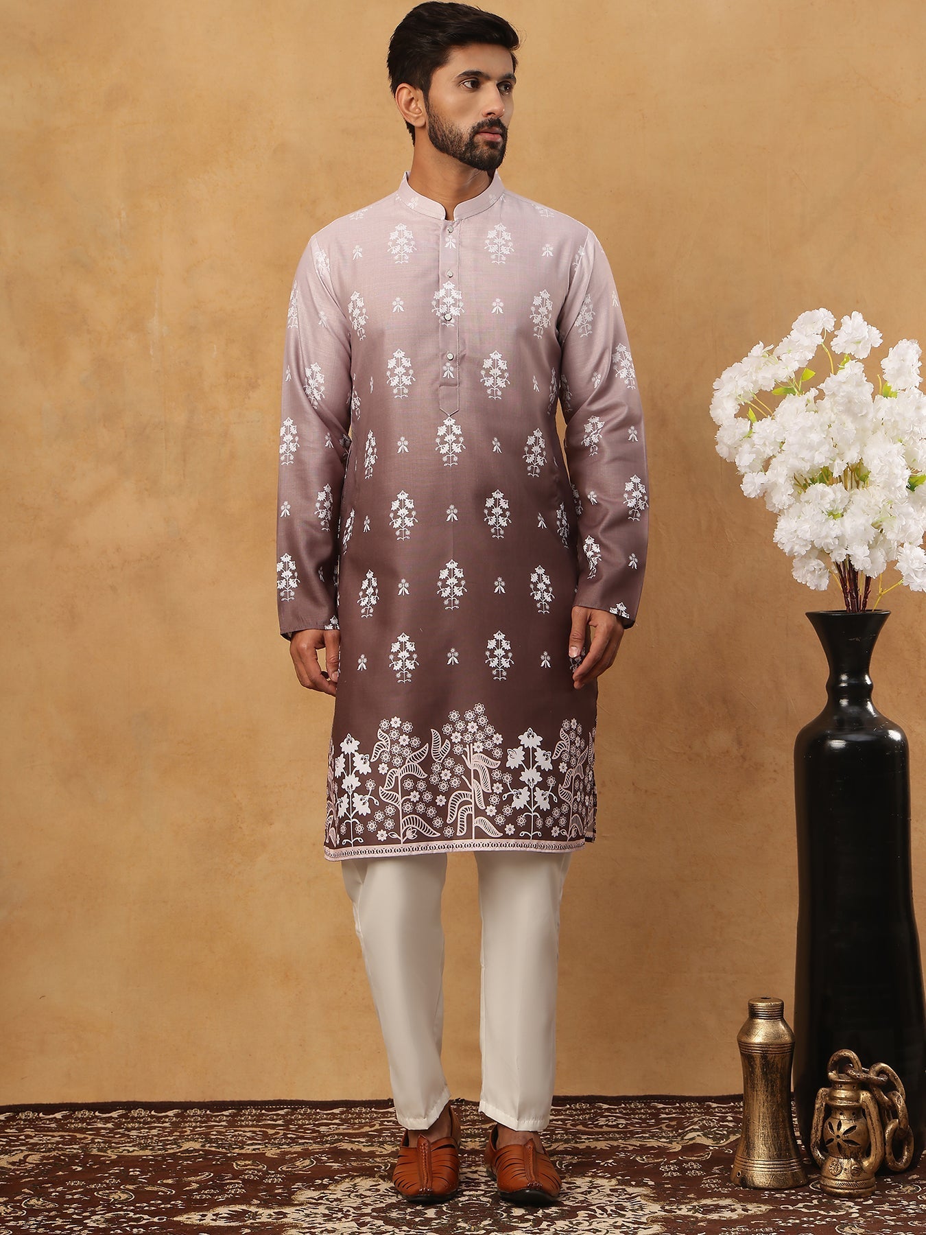 DesiQlo Men Floral Kurta Pyjama Set - Grey - 65KP_5405Grey_S