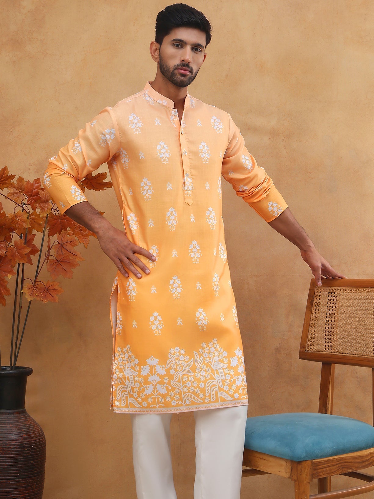 DesiQlo Men Floral Kurta Pyjama Set - Orange - 65KP_5405Orange_S