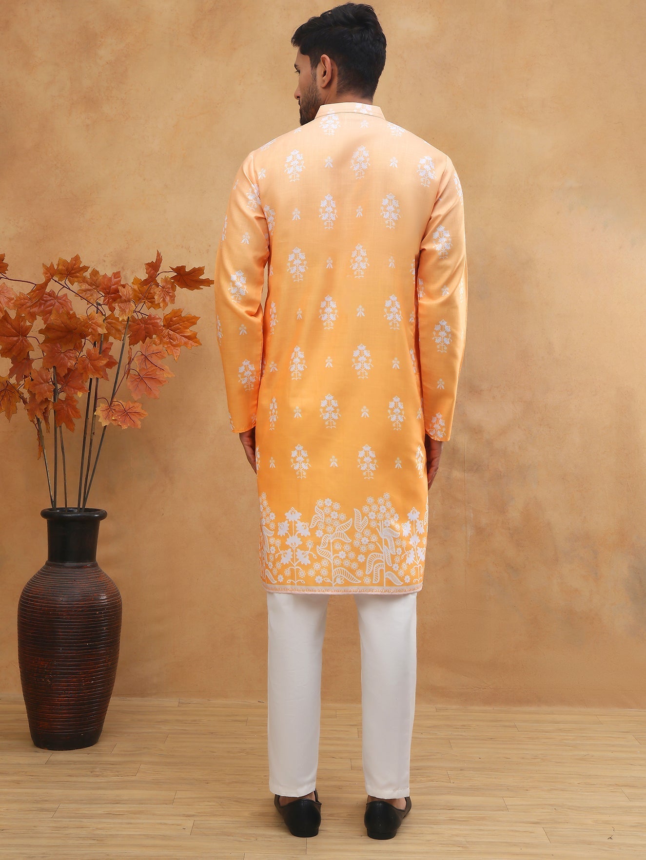 DesiQlo Men Floral Kurta Pyjama Set - Orange - 65KP_5405Orange_S