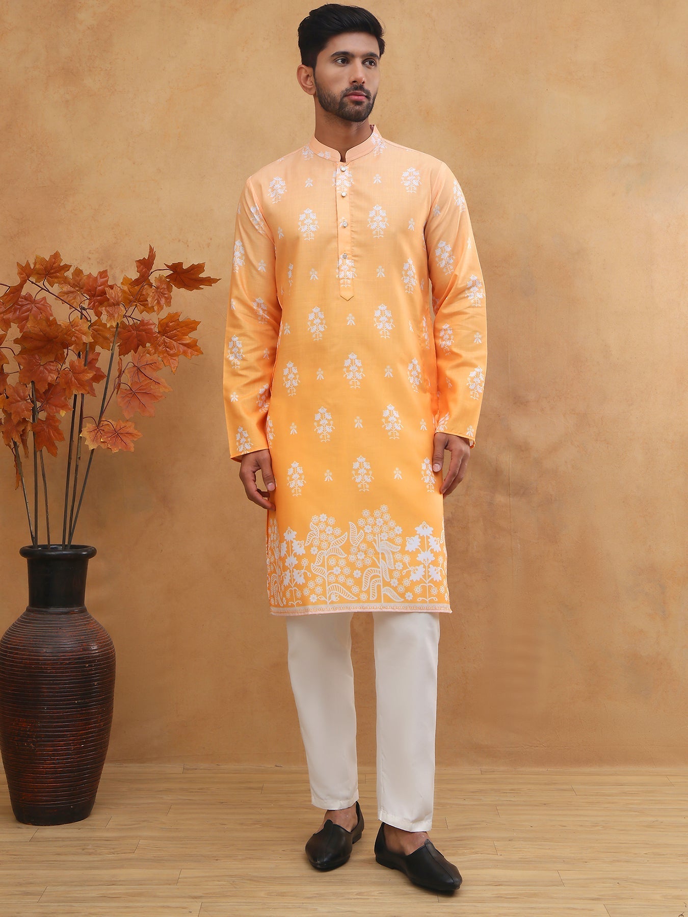 DesiQlo Men Floral Kurta Pyjama Set - Orange - 65KP_5405Orange_S