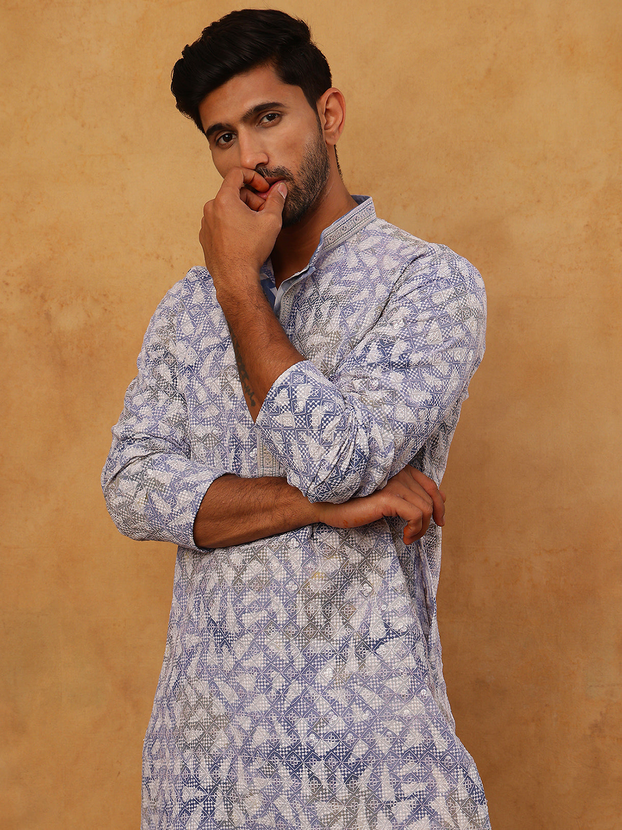 DesiQlo Men Geometric Kurta Pyjama Set - Blue