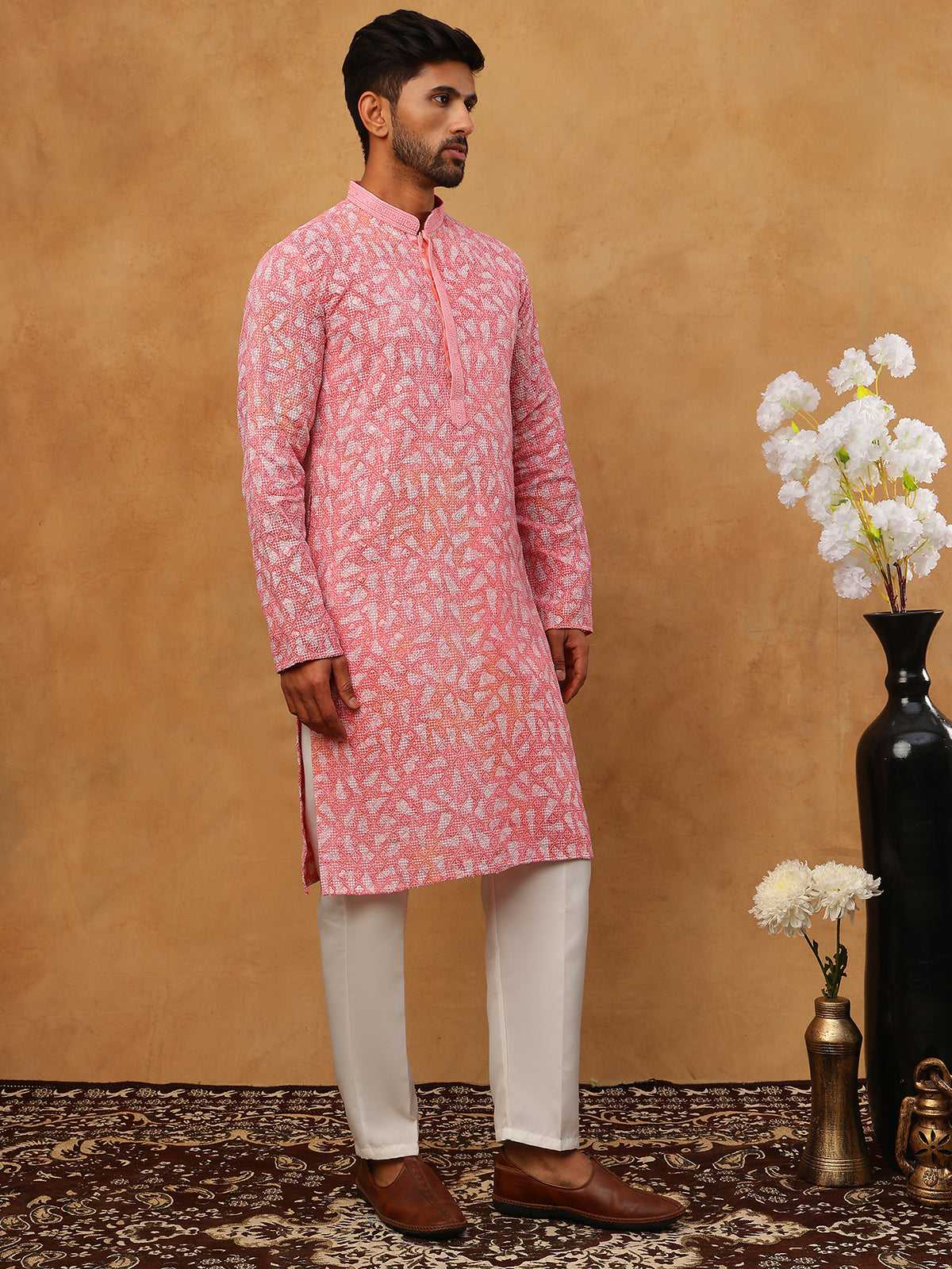 DesiQlo Men Geometric Kurta Pyjama Set - Pink