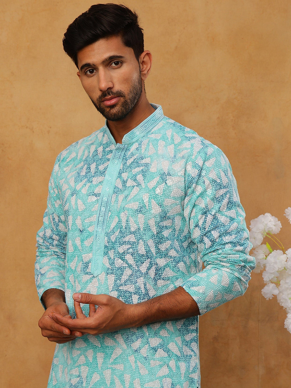 Printed & Embroidered Kurta Pyjama Set (65KP 5406 Sky ) [FF] [G-8]