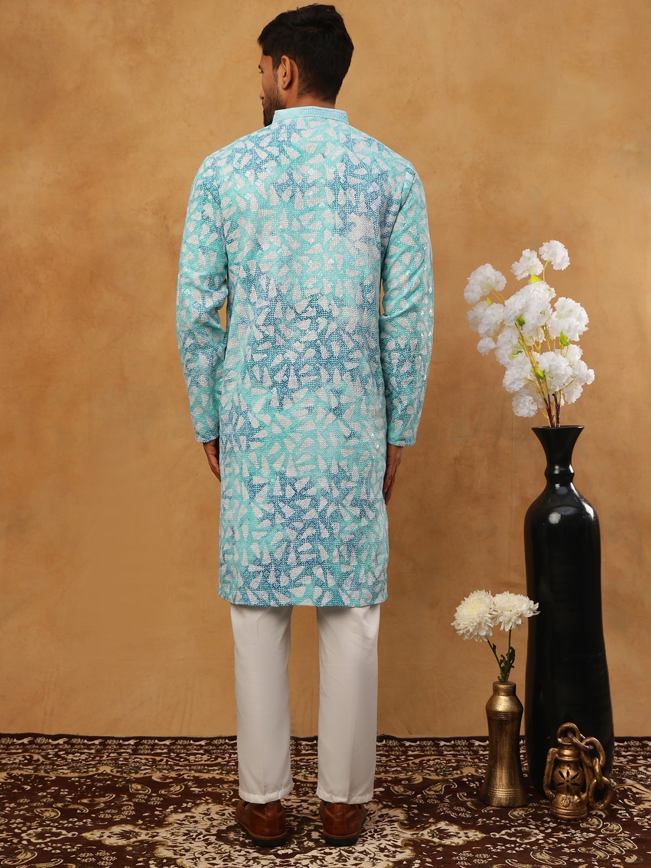 DesiQlo Men Geometric Kurta Pyjama Set - Blue - 65KP_5406Sky_S