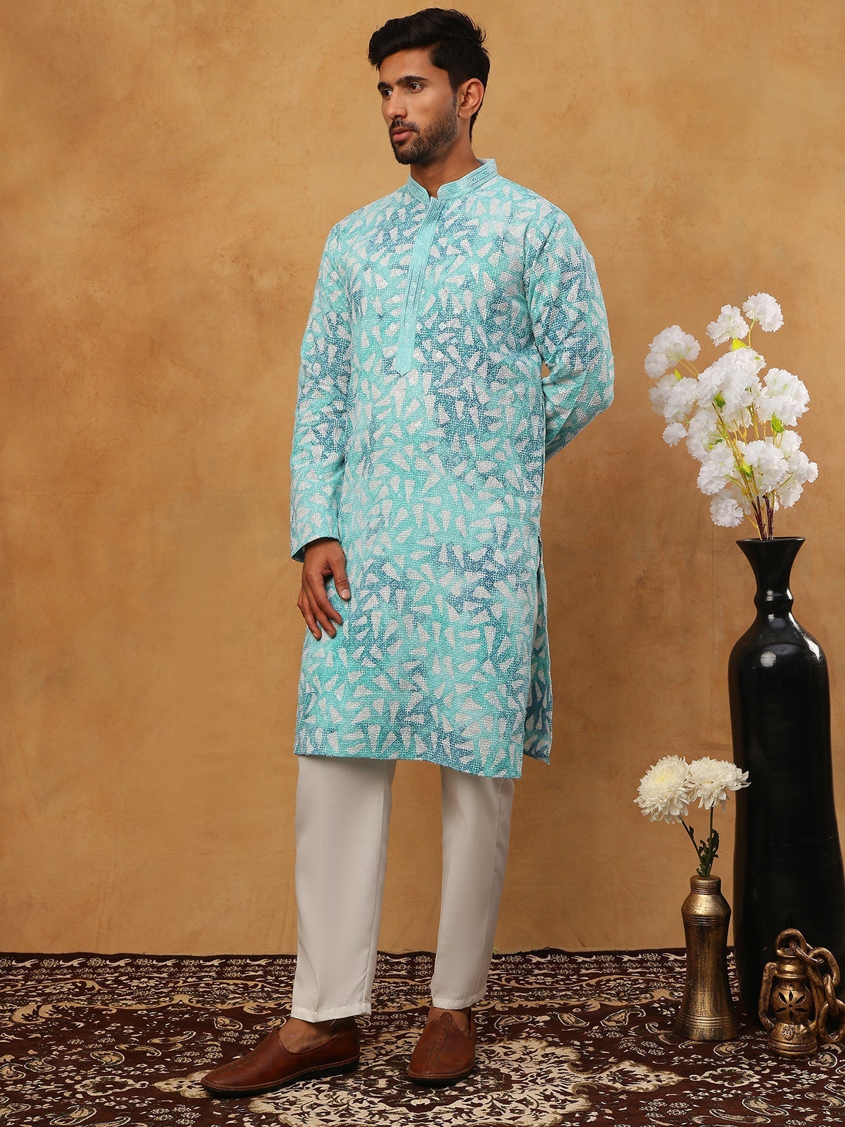 DesiQlo Men Geometric Kurta Pyjama Set - Blue - 65KP_5406Sky_S